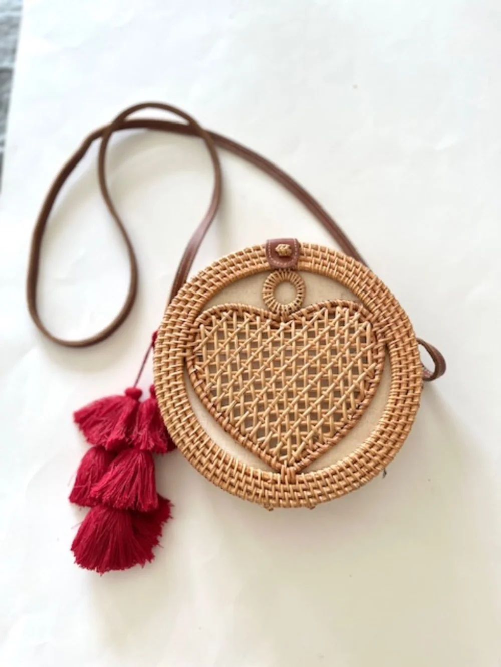 Handcrafted Round Rattan Crossbody Bag with Woven Heart